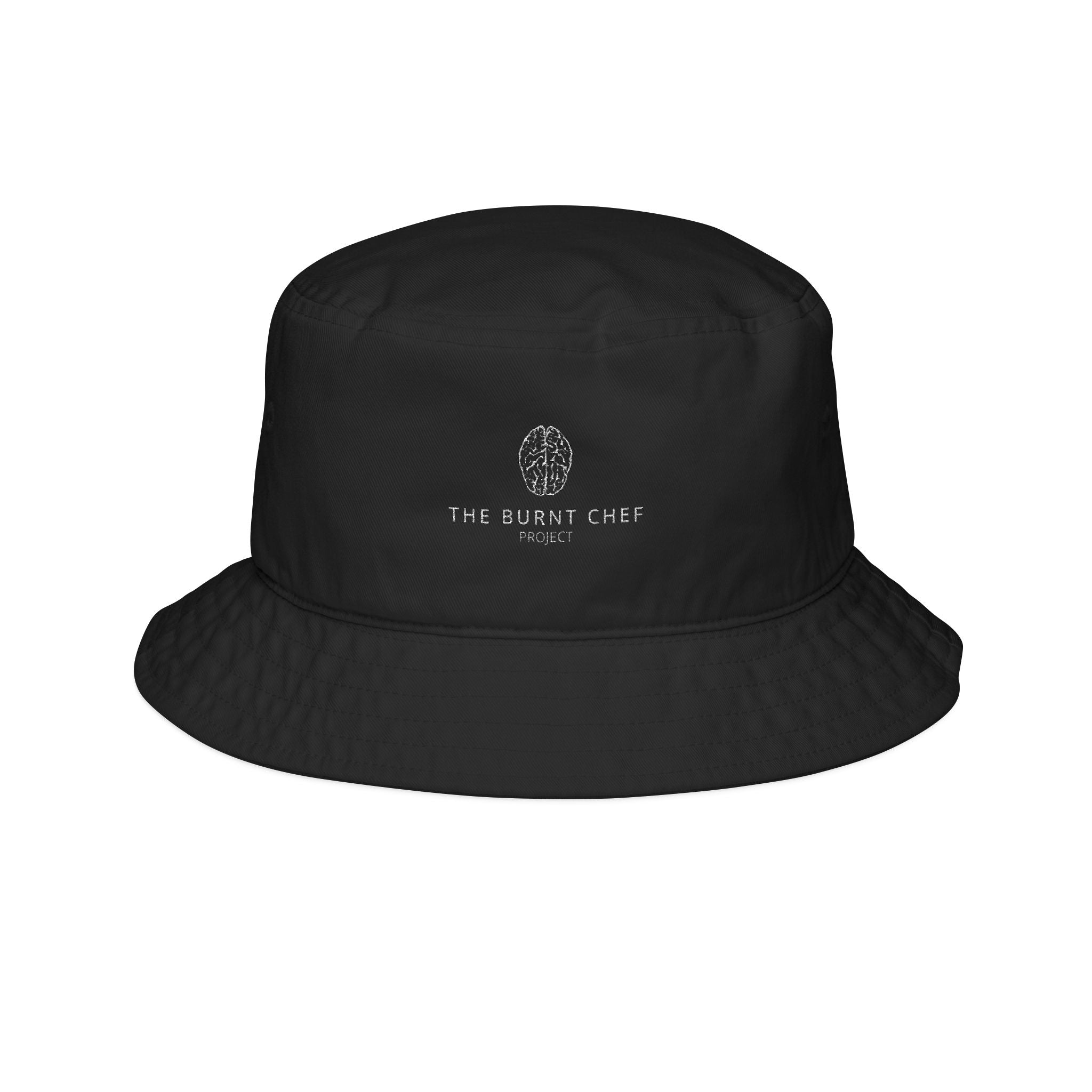 Black bucket hat with 'The Burnt Chef Project' logo on a white background