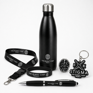 The Burnt Chef Supporter Starter Pack — mental health gift set with LED pen, lanyard, enamel pin, FK Stigma keychain, wristband and insulated water bottle