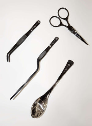 The Burnt Chef Chef Precision Plating Kit — angled and offset tweezers, scissors and spoon