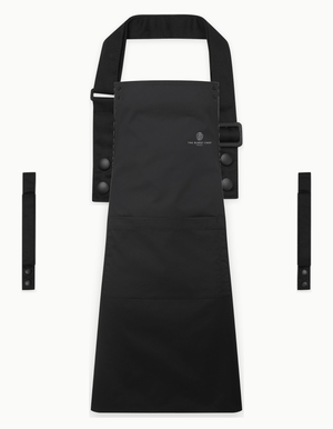 Black Swap & Pop apron with Black straps, left chest logo