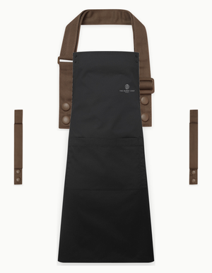 Black Swap & Pop apron with Brown straps, left chest logo