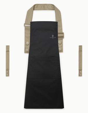 Black Swap & Pop apron with Khaki straps, left chest logo