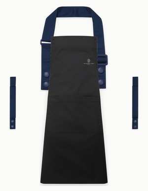 Black Swap & Pop apron with Navy straps, left chest logo
