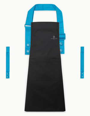 Black Swap & Pop apron with Turquoise straps, left chest logo