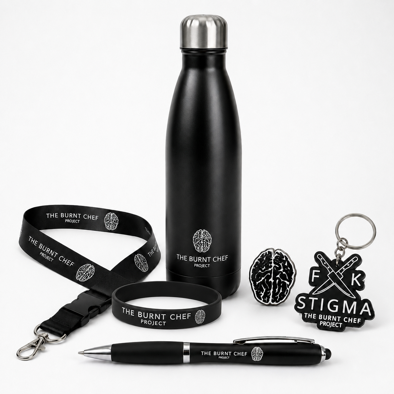 The Burnt Chef Supporter Starter Pack — mental health gift set with LED pen, lanyard, enamel pin, FK Stigma keychain, wristband and insulated water bottle