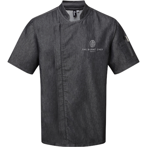Premium zipped chef's jacket in black denim, logo on the chest