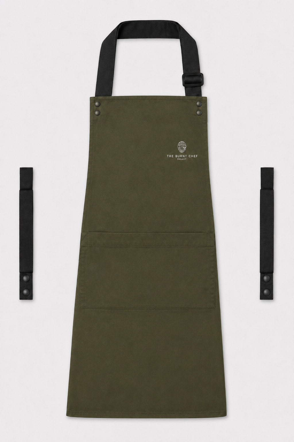 Olive Swap & Pop apron with Black straps, left chest logo