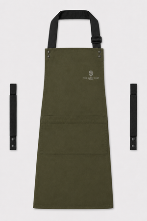 Olive Swap & Pop apron with Black straps, left chest logo