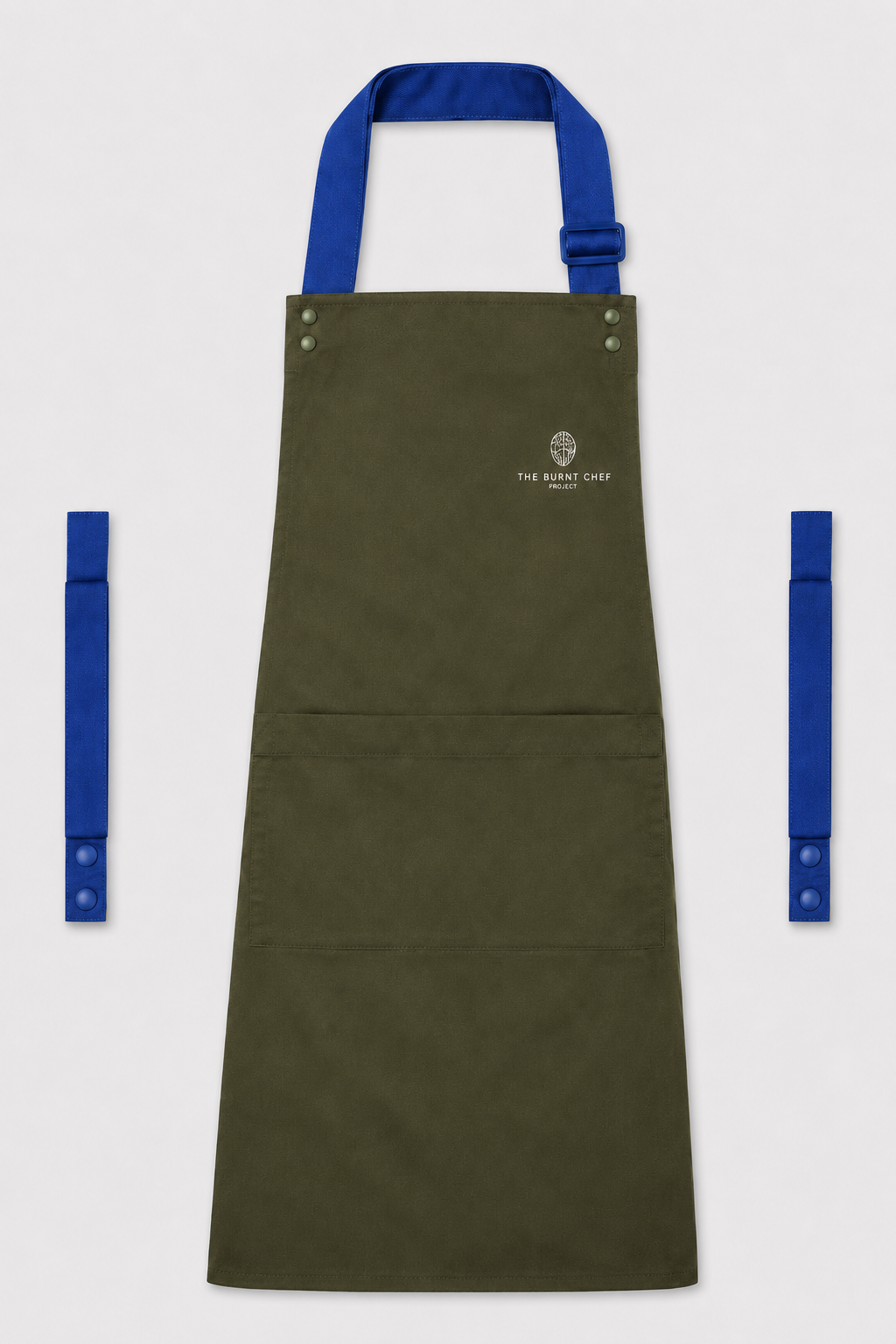 Olive Swap & Pop apron with Royal Blue straps, left chest logo