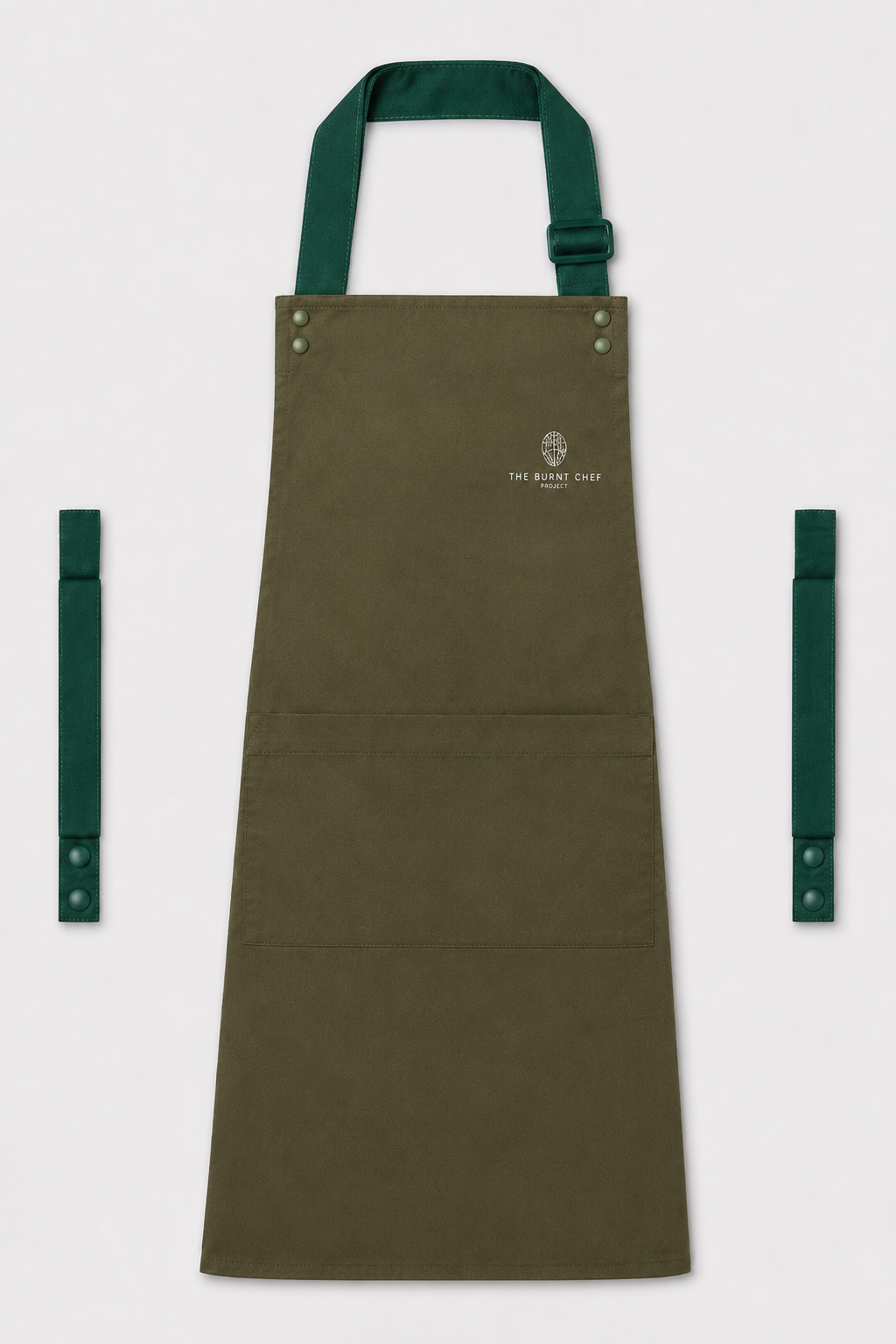Olive Swap & Pop apron with Bottle Green straps, left chest logo