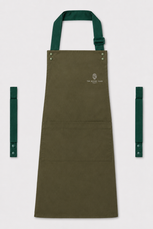 Olive Swap & Pop apron with Bottle Green straps, left chest logo