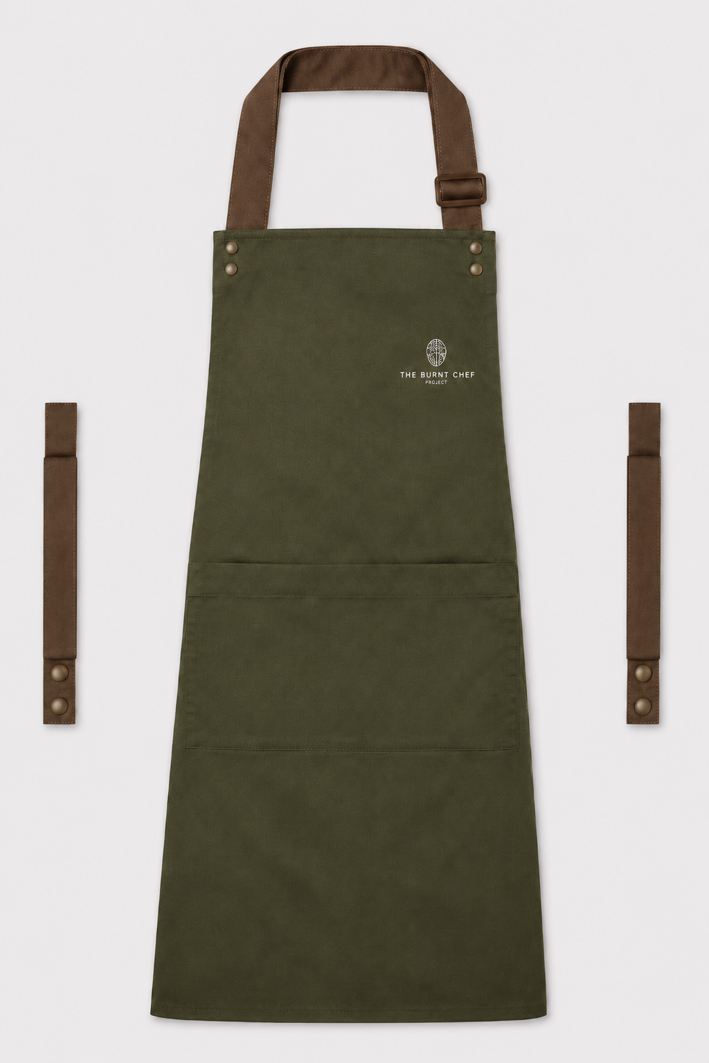 Olive Swap & Pop apron with Brown straps, left chest logo