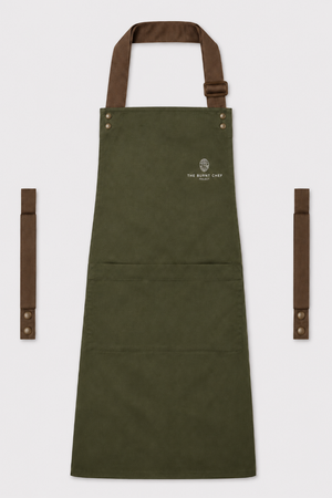 Olive Swap & Pop apron with Brown straps, left chest logo