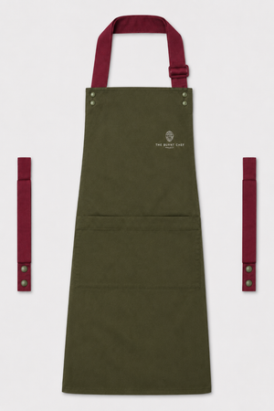 Olive Swap & Pop apron with Burgundy straps, left chest logo