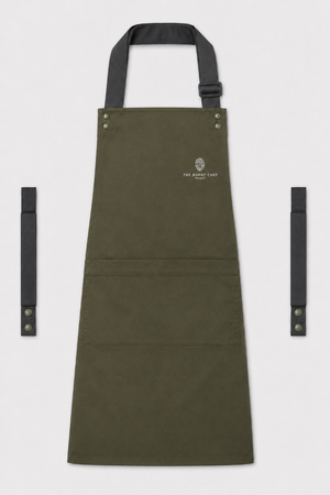 Olive Swap & Pop apron with Dark Grey straps, left chest logo