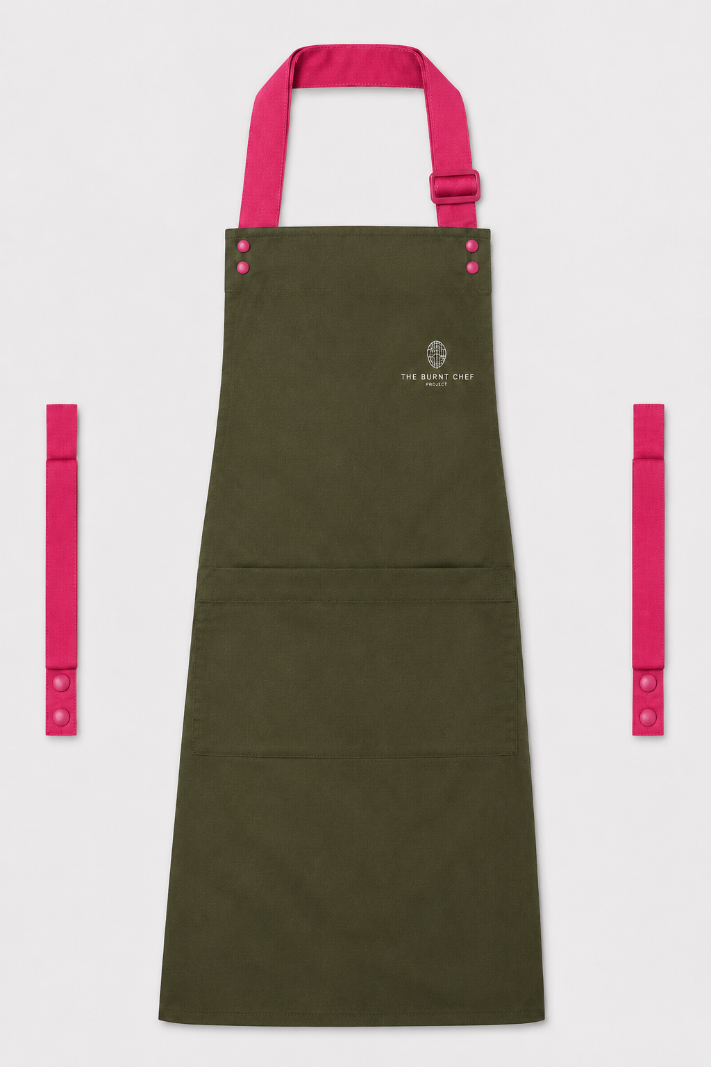 Olive Swap & Pop apron with Hot Pink straps, left chest logo
