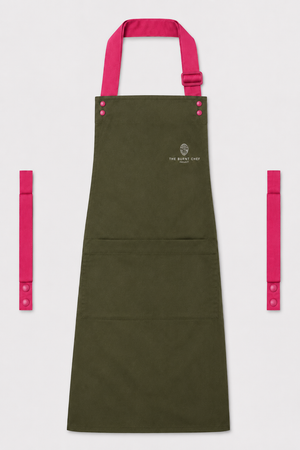 Olive Swap & Pop apron with Hot Pink straps, left chest logo