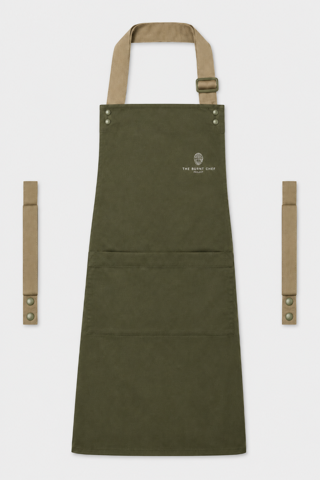 Olive Swap & Pop apron with Khaki straps, left chest logo