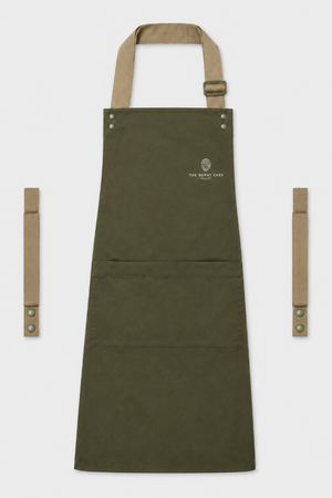 Olive Swap & Pop apron with Khaki straps, left chest logo