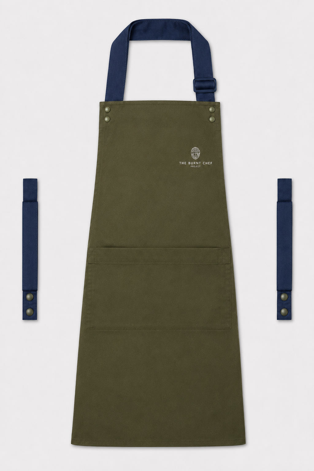 Olive Swap & Pop apron with Navy straps, left chest logo