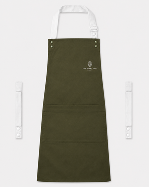 Olive Swap & Pop apron with White straps, left chest logo