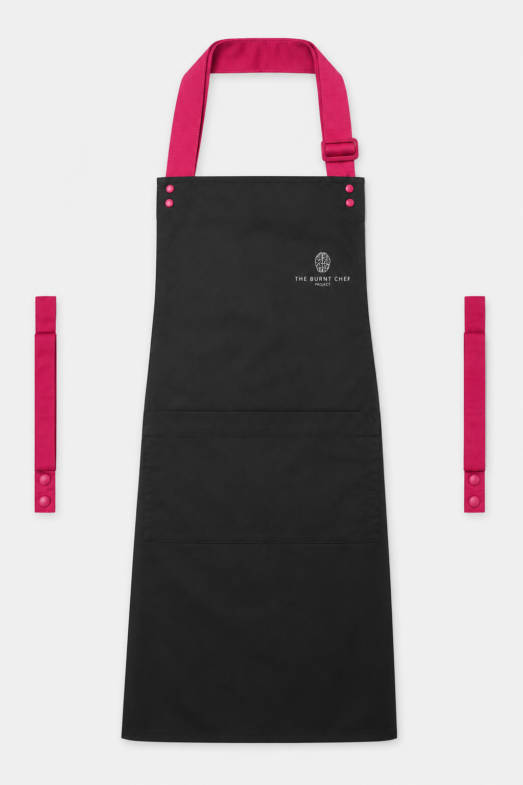 Black Swap & Pop apron with Hot Pink straps, left chest logo