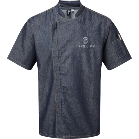 Premium zipped chef's jacket in blue denim, logo on the chest