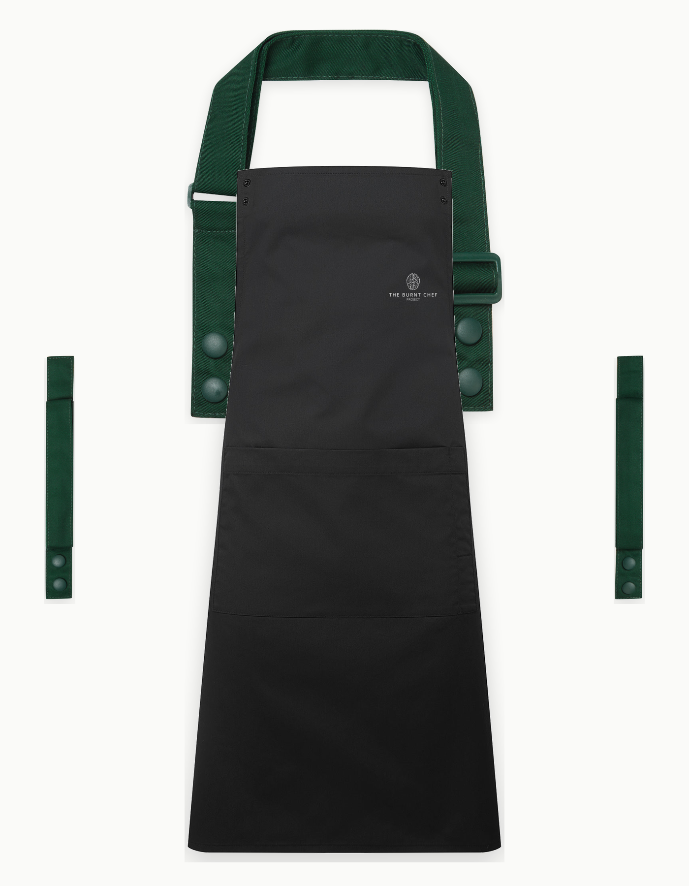 Black Swap & Pop apron with Bottle Green straps, left chest logo