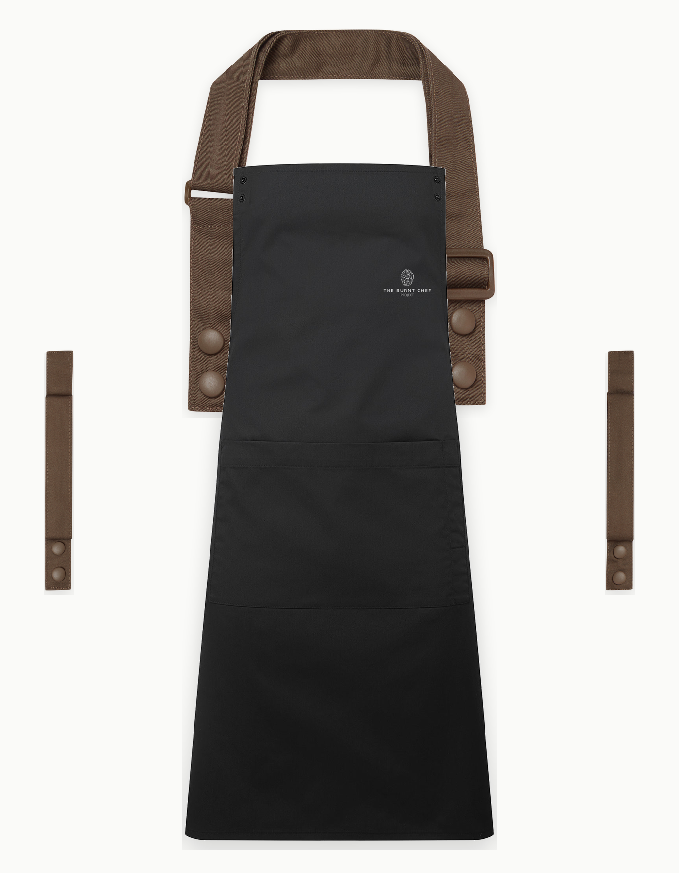 Black Swap & Pop apron with Brown straps, left chest logo