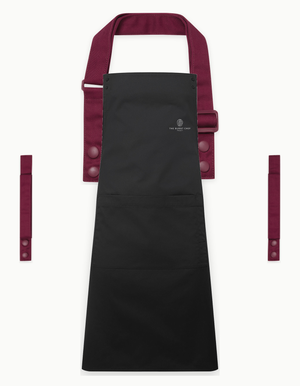 Black Swap & Pop apron with Burgundy straps, left chest logo