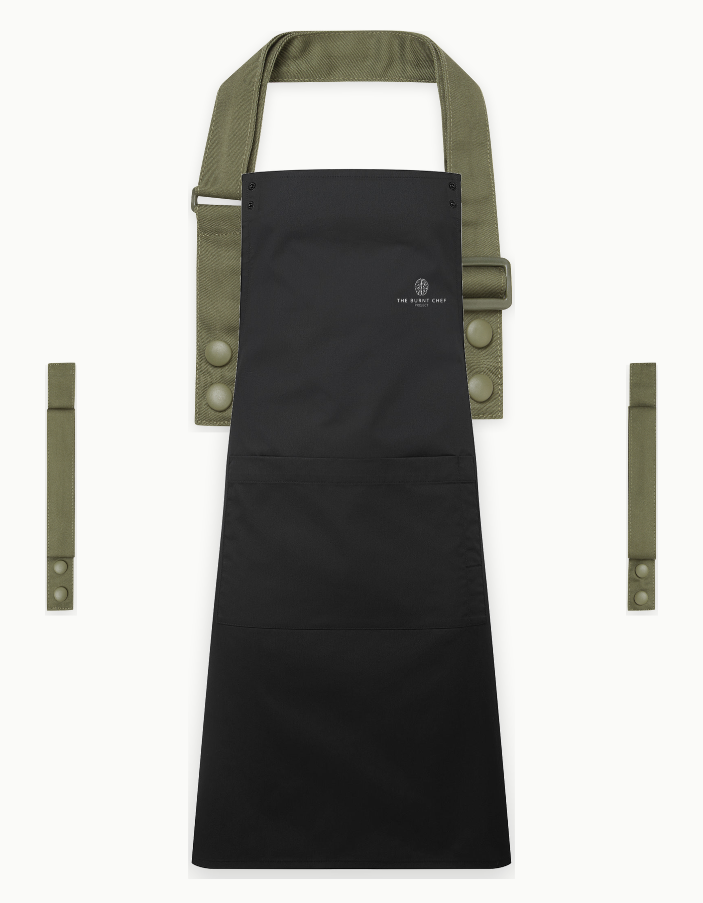 Black Swap & Pop apron with Olive straps, left chest logo