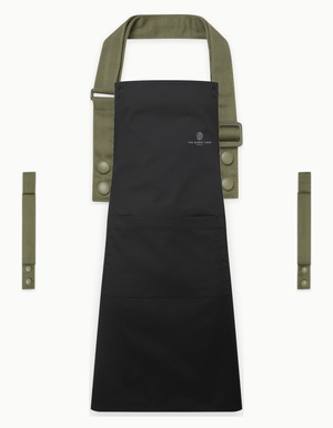 Black Swap & Pop apron with Olive straps, left chest logo