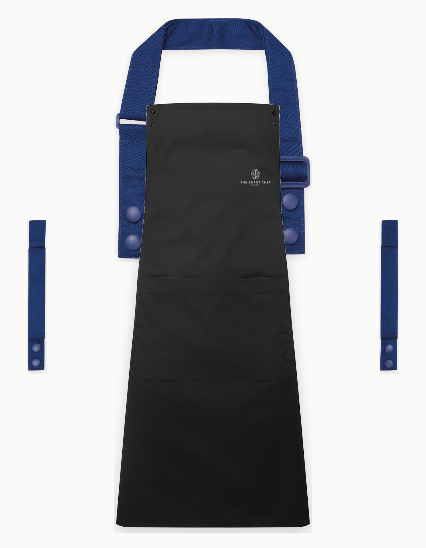 Black Swap & Pop apron with Royal Blue straps, left chest logo