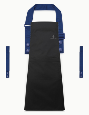 Black Swap & Pop apron with Royal Blue straps, left chest logo