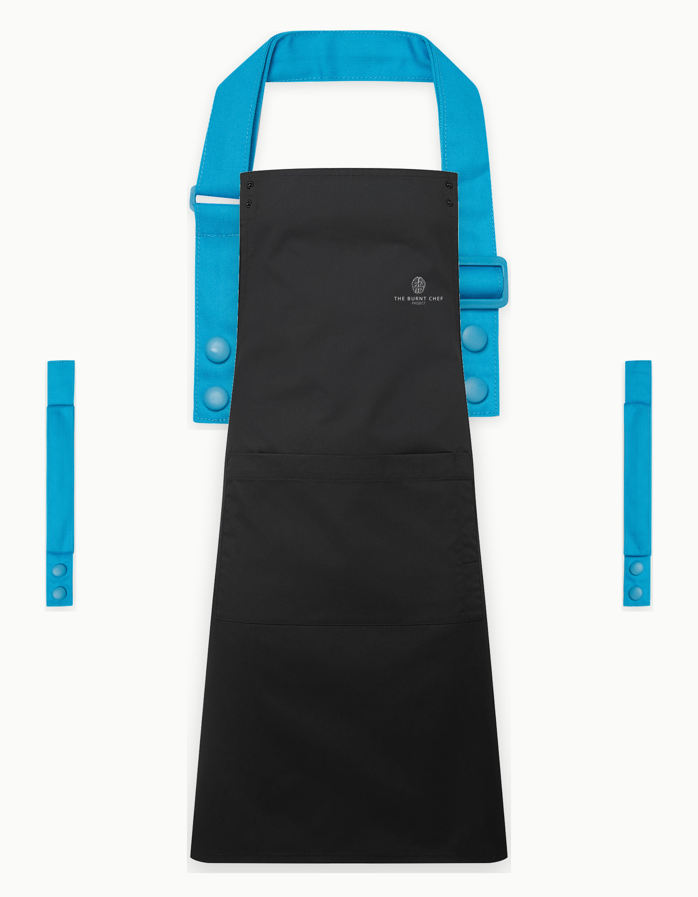 Black Swap & Pop apron with Turquoise straps, left chest logo