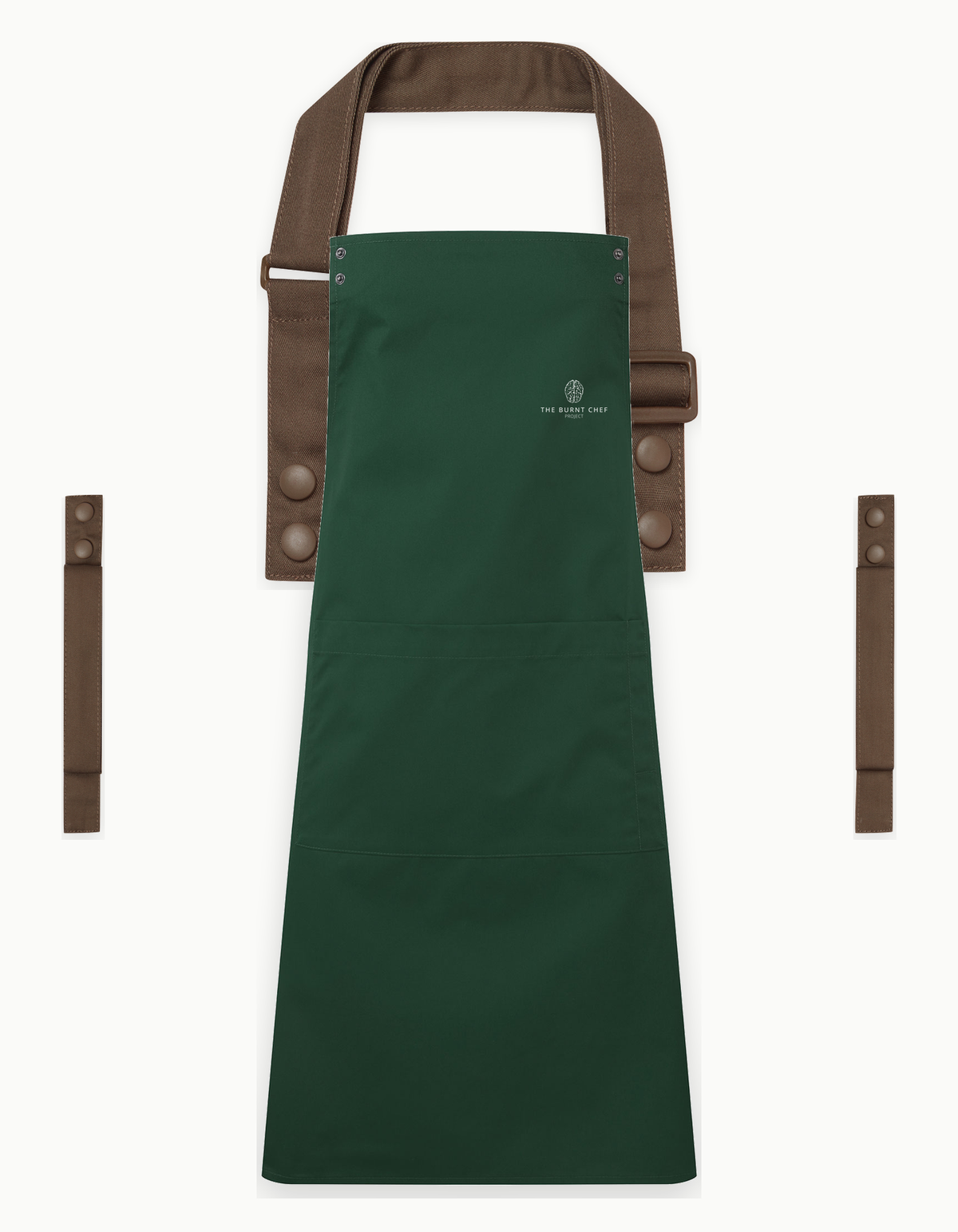Bottle Green Swap & Pop apron with Brown straps, left chest logo