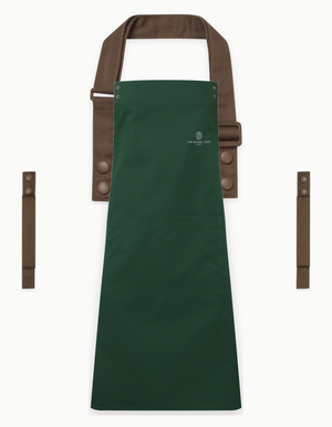 Bottle Green Swap & Pop apron with Brown straps, left chest logo