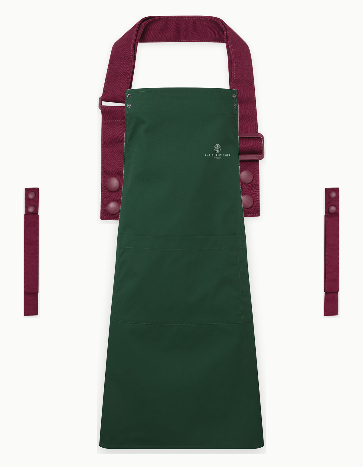 Bottle Green Swap & Pop apron with Burgundy straps, left chest logo