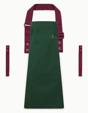 Bottle Green Swap & Pop apron with Burgundy straps, left chest logo