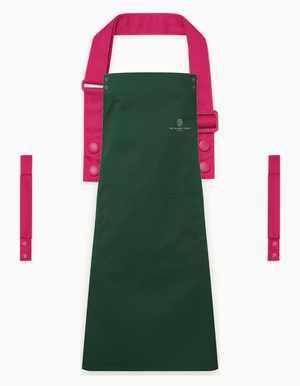 Bottle Green Swap & Pop apron with Hot Pink straps, left chest logo