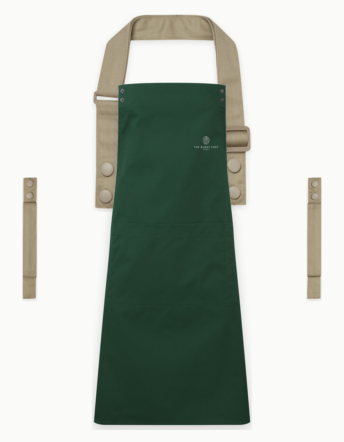Bottle Green Swap & Pop apron with Khaki straps, left chest logo