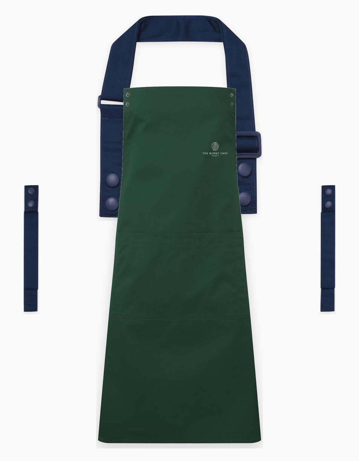 Bottle Green Swap & Pop apron with Navy straps, left chest logo
