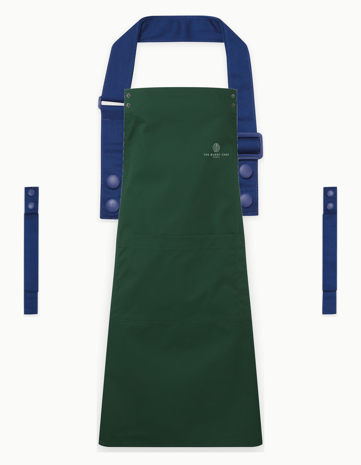 Bottle Green Swap & Pop apron with Royal Blue straps, left chest logo
