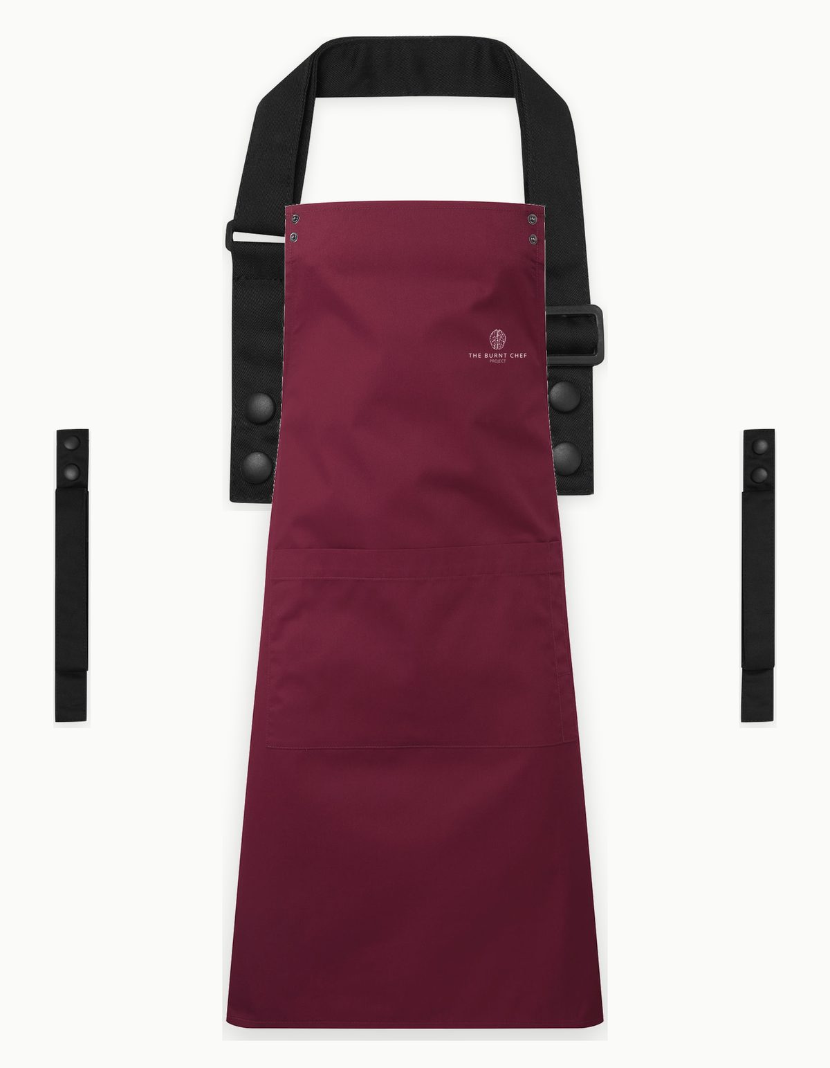 Burgundy Swap & Pop apron with Black straps, left chest logo