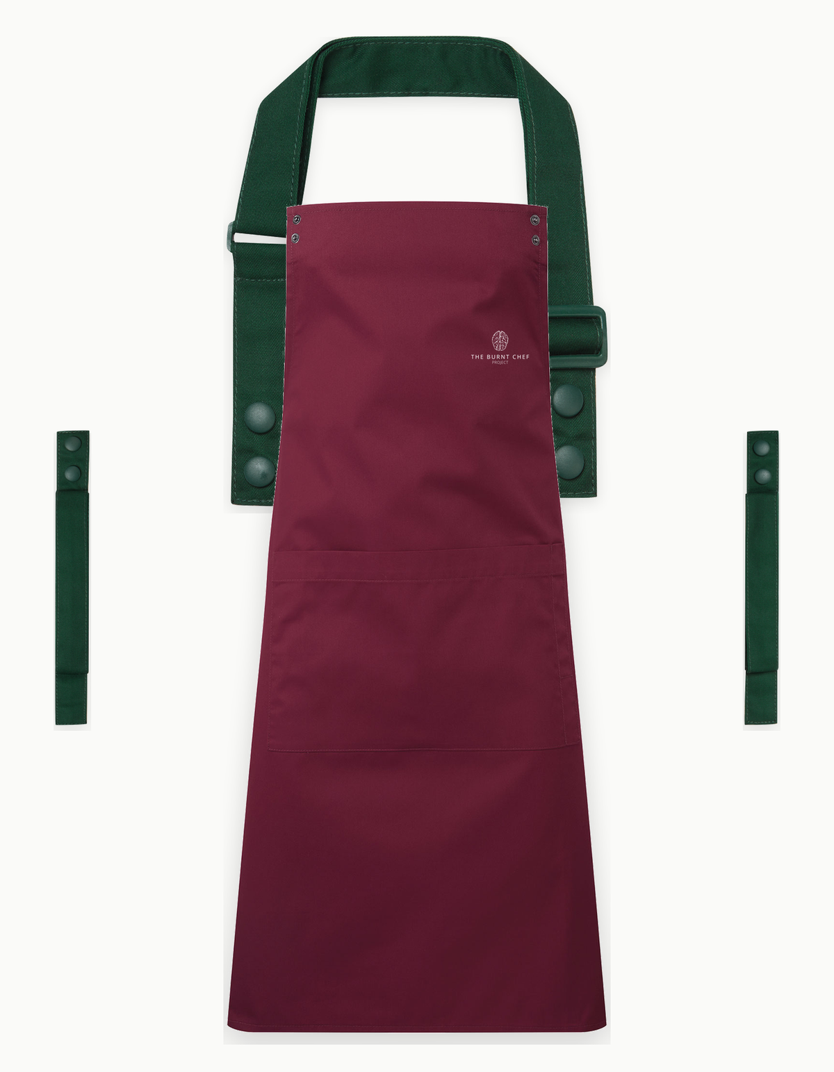 Burgundy Swap & Pop apron with Bottle Green straps, left chest logo