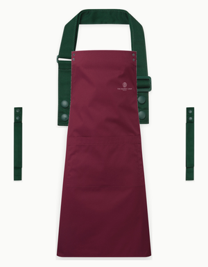 Burgundy Swap & Pop apron with Bottle Green straps, left chest logo