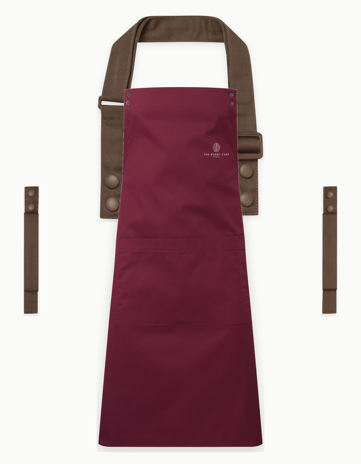 Burgundy Swap & Pop apron with Brown straps, left chest logo