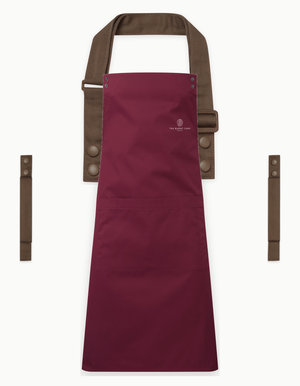 Burgundy Swap & Pop apron with Brown straps, left chest logo