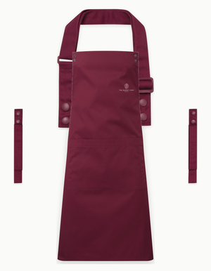 Burgundy Swap & Pop apron with Burgundy straps, left chest logo