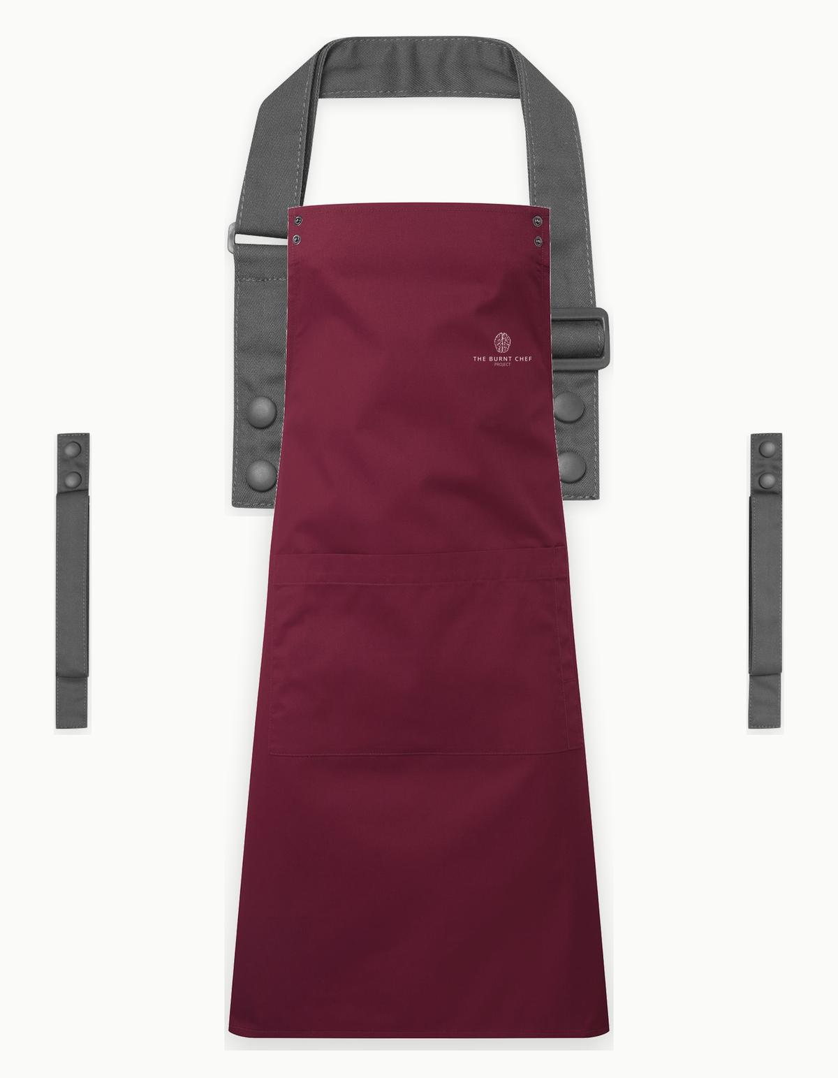 Burgundy Swap & Pop apron with Dark Grey straps, left chest logo
